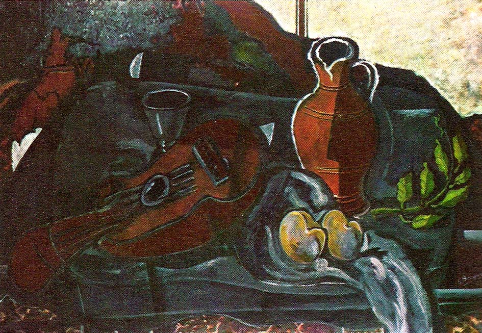 mandolin glas kruka och frukt